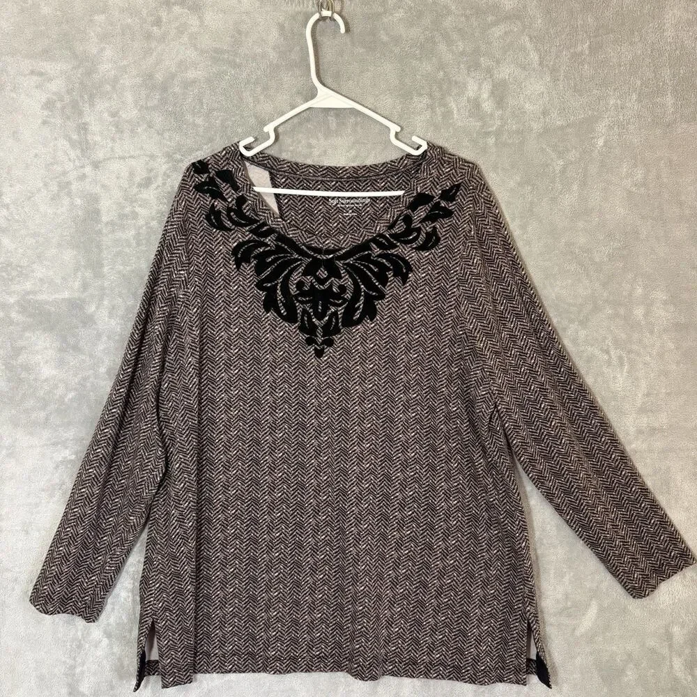 Soft Surroundings Tunic Top 2X Brown Herringbone Velvet Damask Flock 3/4 Sleeve